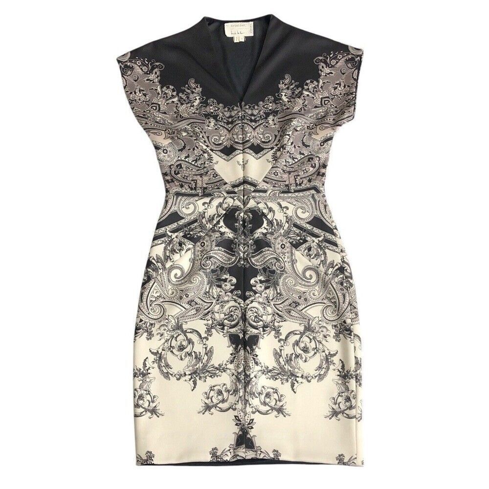 Artelier Nicole Miller Dress Womens 2 Brown Baroque‎ Front Zip Body Con Sheath